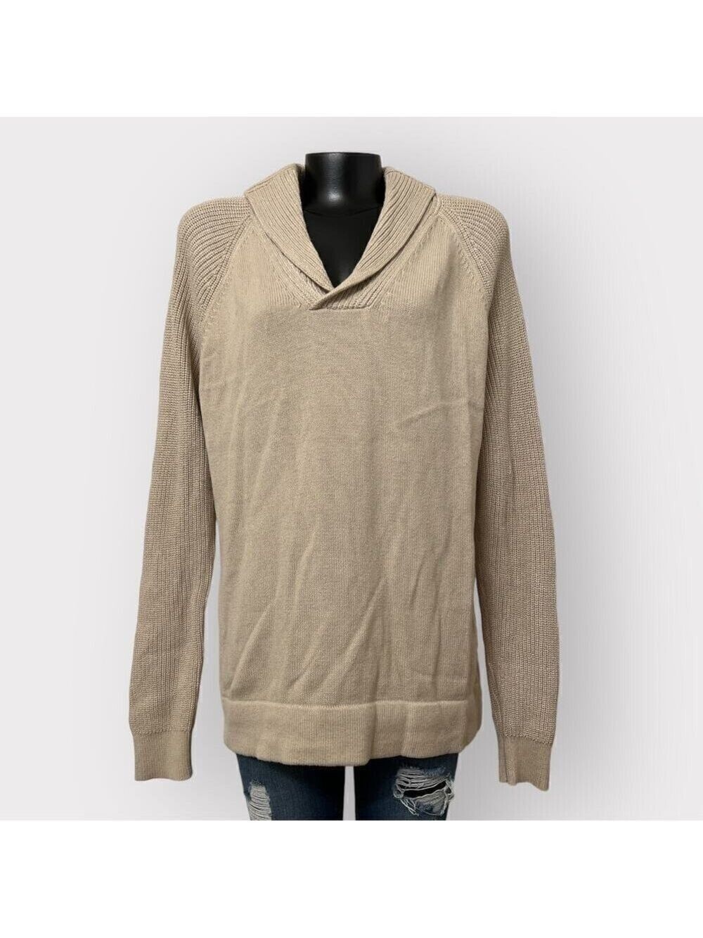 Express Mens Popover Shawl Collar Sweater sz L Twee Preppy Long Sleeve Tan Beige